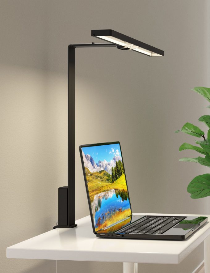 New desk lamp with ergonomic light for height adjustable desk.