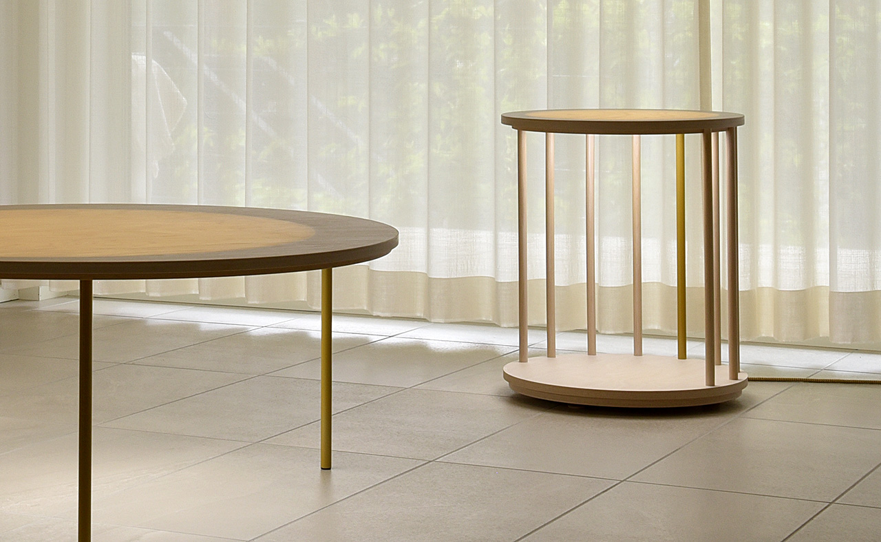 AICCI T3 coffee table and AICCI T4 side tables with LuminousWood tabletop.